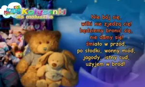 Pluszowe misie i króliczek na tle nocnego nieba z tekstem piosenki.
