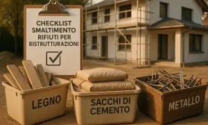 Checklist per lo smaltimento rifiuti edili in cantiere: legno, sacchi di cemento e metallo.