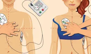 Instrukcja użycia AED: przyklej elektrody na klatce piersiowej, aby rozpocząć resuscytację.