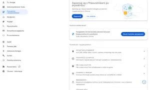 Ustawienia prywatności i bezpieczeństwa w Chrome. Przeglądarka ostrzega o niebezpieczna strona i oferuje kontrolę zabezpieczeń.