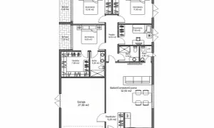 Planos de casas de 150m2 en una planta con garaje. Incluye 4 dormitorios, 2 baños, vestidor, terrazas y salón-comedor-cocina.
