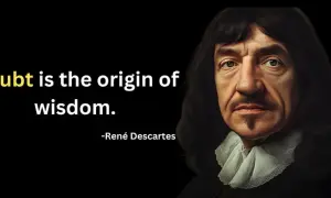 Retrato de René Descartes con la frase "La duda es el origen de la sabiduría".
