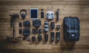 Sprzęt filmowca: kamery RED i Canon, obiektywy, stabilizator, dron, tablet, słuchawki i plecak ttartisan.