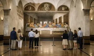 Ostatnia Wieczerza. Tłum turystów z biletami podziwia słynny fresk Leonarda da Vinci.