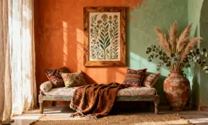 En bohemisk soffa med mönstrade kuddar och en brun pläd. Väggen är målad i orange och grönt, med ett konstverk av blommor ovanför soffan. En stor vas med pampasgräs står bredvid.