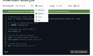 Instructions pour installer Node.js sur Ubuntu via nvm. Le code montre le téléchargement et l'installation de nvm, puis de Node.js.