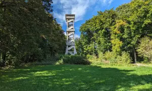 Der Aussichtsturm Ebersberg ragt zwischen grünen Bäumen empor. Eine Außentreppe schlängelt sich nach oben, um eine tolle Aussicht zu ermöglichen.