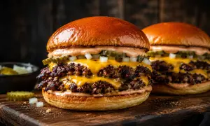 Zwei saftige, smashed burger mit geschmolzenem Käse, Gurken und Zwiebeln auf einem Holzbrett.