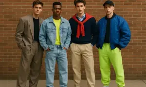 Czterech młodych mężczyzn prezentuje styl lat 80. moda: luźne garnitury, dżinsowe kurtki, swetry i neonowe dresy.