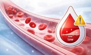 Flusso sanguigno con globuli rossi bassi. Indicatore di ROM basso in una goccia di sangue con un avviso.