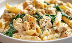 Krämig penne pasta med kyckling och spenat, toppad med svartpeppar. En härlig middag som ser utsökt ut.