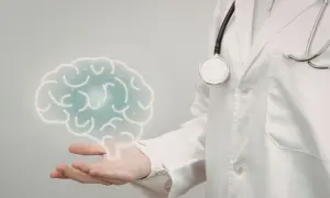 Lekarz prezentuje cyfrowy mózg, symbolizujący badanie neurologiczne.