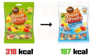 Porównanie opakowań galaretek Fresh&Fruity: tradycyjne (318 kcal) i bez dodatku cukru (187 kcal).