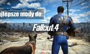 Najlepsze mody do Fallout 4: postać w niebieskim kombinezonie z psem na tle postapokaliptycznego krajobrazu.