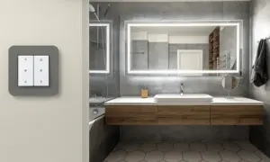 Moderner Schalter mit Pfeilen und Schloss-Symbolen, ideal platziert in **Abstand zur Steckdose** und zum **Waschbecken** im stilvollen Badezimmer.