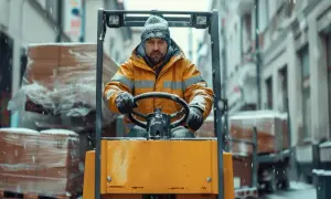 Mężczyzna w żółtej kurtce i czapce kieruje wózkiem widłowym na tle zaśnieżonej ulicy. Jego odzież do pracy w niskich temperaturach chroni go przed zimnem.
