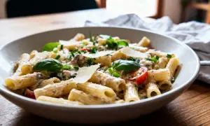 Un plat de pâtes crémeuses, garni de basilic frais, de copeaux de parmesan et de tomates cerises. Un assaisonnement salade de pâtes parfait pour un repas savoureux.