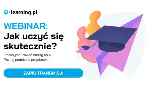 Webinar "Jak uczyć się skutecznie?" od Q-learning.pl. Grafika z biretem i kolorowymi kształtami symbolizuje e-lerning i sukcesy w nauce.