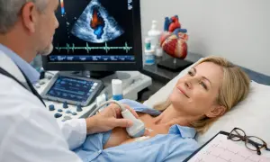 Lekarz wykonuje badanie echokardiograficzne. Na ekranie widać obraz serca, a pacjentka spokojnie leży. Badanie to pomaga ocenić, ile trwa echo serca.