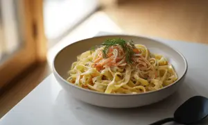 Un plato de pasta fettuccine con una cremosa salsa, coronado con hebras de salmón ahumado y eneldo fresco.