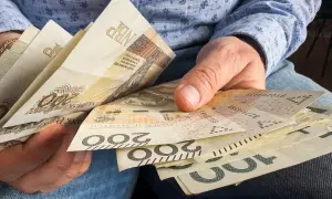 Ręce trzymające polskie banknoty 100 i 200 zł. Czy 800 plus wlicza się do dochodu?