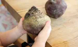 Kleine Hände halten eine rote Bete. Ein weiteres Exemplar liegt daneben auf dem Holztisch.