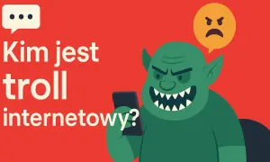 Zły zielony troll z telefonem i chmurką z gniewną emotikoną. Kim jest troll internetowy?