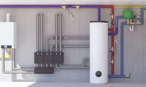 Heizungsanlage mit Boiler, Ausdehnungsgefäß und Rohrsystem. Die sicherheitsgruppe trinkwasser ist Teil des komplexen Systems.