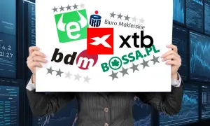 Plakat z logotypami biur maklerskich: eToro, XTB, BDM, BOSSA.PL, IKO.