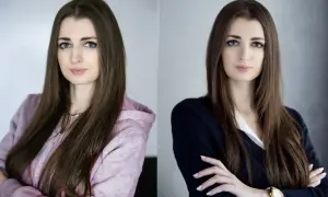 Dwie wersje portretu kobiety, idealne jako zdjęcie do CV. Po lewej w różowej bluzie, po prawej w eleganckim swetrze.