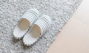 Randiga tofflor på en fluffig matta. För att impregnera mattan och hålla den ren är det bra att ha tofflor.