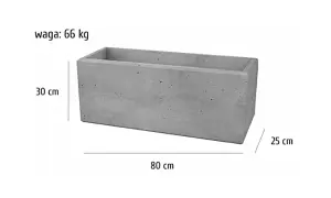 Szary betonowy prostokątny kwietnik o wadze 66 kg. Wymiary bloczków betonowych: 80 cm długości, 30 cm wysokości, 25 cm szerokości.