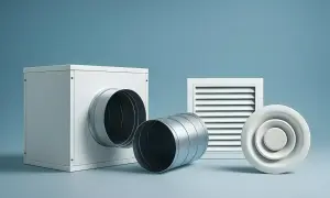Komponenter för ventilation hemma: en ventilationsbox, ett flexibelt rör och en rund ventil.