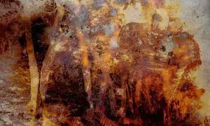 Un'opera di Joan Fontcuberta evoca un paesaggio minerale, quasi un'eruzione vulcanica di colori caldi e texture suggestive.