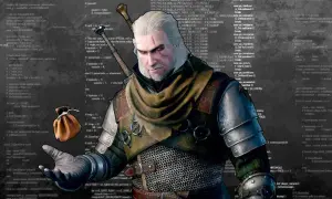 Geralt z Rivii na tle kodu gry Wiedźmin 3. W ręce trzyma sakiewkę z monetami, jakby oferował graczom możliwość zdobycia skarbów dzięki znajomości **kodów Wiedźmin 3**.