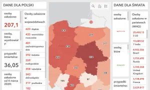 Mapa Polski z zaznaczonymi województwami i liczbą zakażeń. Dane o zakażeniach w Polsce i na świecie.