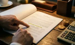 Dłoń wskazuje na dokument "wypowiedzenie za porozumieniem stron". Obok leży kalkulator i monety.