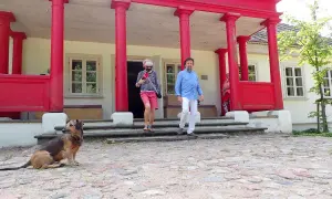 Piesek siedzi przed białym budynkiem z czerwonymi kolumnami, obok schodów, po których schodzą ludzie.