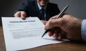 Podpisanie porozumienia stron. Uśmiechnięty mężczyzna podaje dokument, a druga osoba podpisuje go długopisem.
