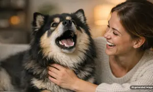 A fluffy dog with its mouth wide open, looking like it's laughing, is being petted by a smiling woman.