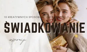 Dwie uśmiechnięte kobiety, jedna z prezentem. Inspiracje, jak poprosić o świadkowanie.