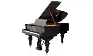 Eleganckie, czarne pianino z otwartą klapą, widoczne klawisze i pedały. Wymiary tego instrumentu są kluczowe dla jego brzmienia.