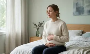 En kvinna sitter på en säng med händerna över magen, blicken fundersam. Bilden kan tolkas som tecken på missfall.