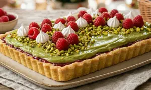 Pyszny mazurek pistacjowy z malinami, udekorowany bezami i posypany pistacjami. Idealny na święta!