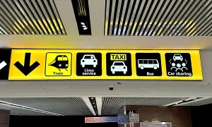 Znaki transportu na lotnisku Rzym Fiumicino: pociąg, limuzyna, taksówka, autobus, car sharing.