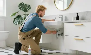 A plumber is kneeling, performing a bathroom vanity installation, tightening pipes under a sink with a wrench.