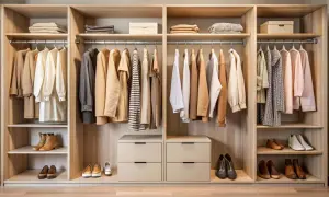 Armario organizado con ropa colgada y doblada, zapatos en estantes. Muestra cómo se mide un armario para optimizar el espacio.