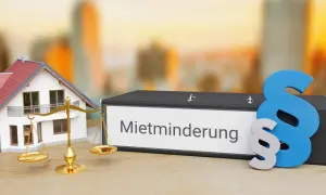 Hausmodell, Waage und Aktenordner mit "Mietminderung" beschriftet. Ein Paragraphenzeichen symbolisiert das Recht bei Mietminderung von Kalt- oder Warmmiete.