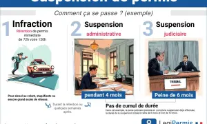 Infraction routière entraînant une suspension de permis. Illustration du processus : rétention immédiate, suspension administrative (4 mois), puis judiciaire (6 mois).