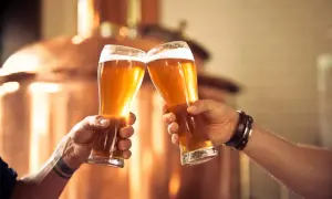 Due mani brindano con due bicchieri di birra dorata, un brindisi alla buona compagnia e ai carboidrati che la birra contiene.